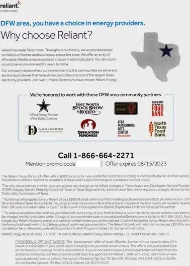Electricity service direct mail example: Utility bonus-offer package. Multi-page rate-and-bonus offer, large dollar incentive, qualification details, and shop-or-order response.