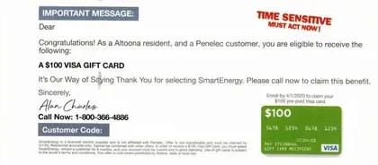 Electricity service direct mail example: SmartEnergy service-notice gift-card package. Yellow service notice, green gift-card panel, account-specific message, and phone response.