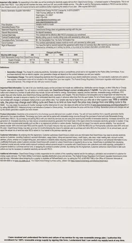 Clean energy direct mail example: CleanChoice Energy customer-education package. Long-form customer letter, blue-and-green educational panels, service details, and reply-mail response.