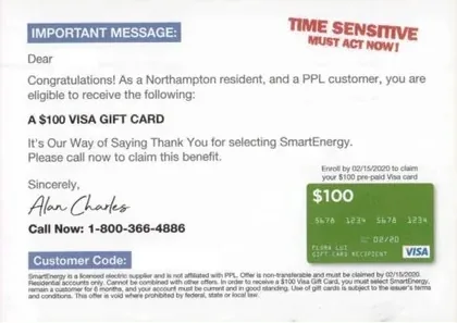 Electricity service direct mail example: SmartEnergy white-and-green gift-card notice. White-and-green account notice, gift-card offer, service explanation, and phone response.