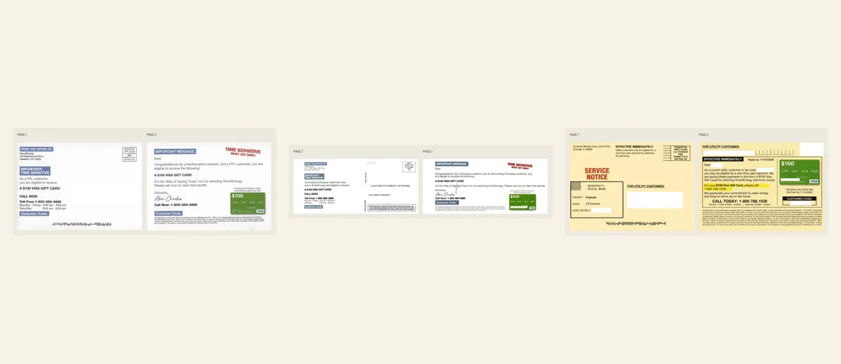 Examples of SmartEnergy white-and-green gift-card notice