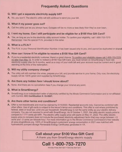 Electricity service direct mail example: Gift-card offer with FAQ insert. Pink multi-page utility offer, gift-card incentive, activation FAQ, and phone response.