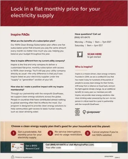 Electricity service direct mail example: Inspire fixed-price renewal package. Burgundy renewal package, fixed-monthly-price message, supply details, and phone response.