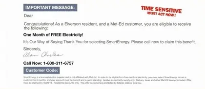 Electricity service direct mail example: SmartEnergy free-electricity service notice. White-and-gray service notice, free-electricity headline, account information, and phone response.
