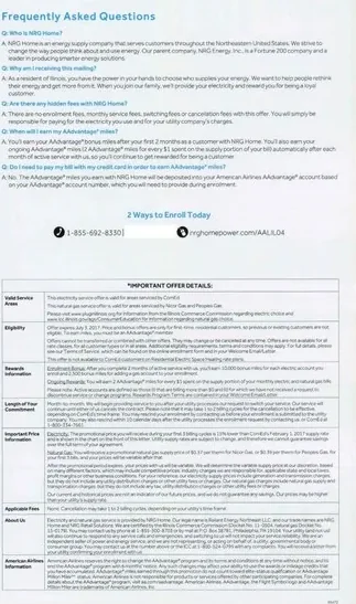 Electricity service direct mail example: NRG Home incentive package. Green-and-blue incentive package, savings headline, eligibility details, and apply-or-enroll response.