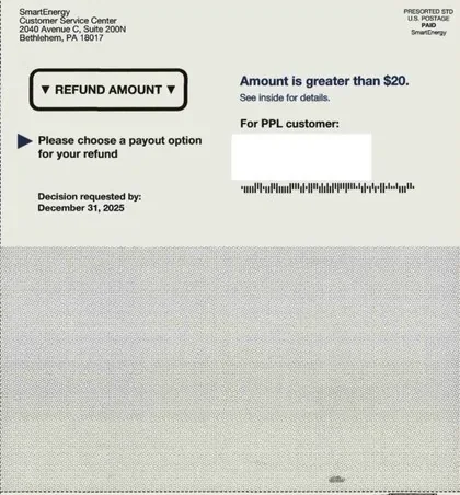 Electricity service direct mail example: Utility refund-credit package. Pink-and-white refund notice, credit amount, explanatory letter, and apply-or-enroll response.