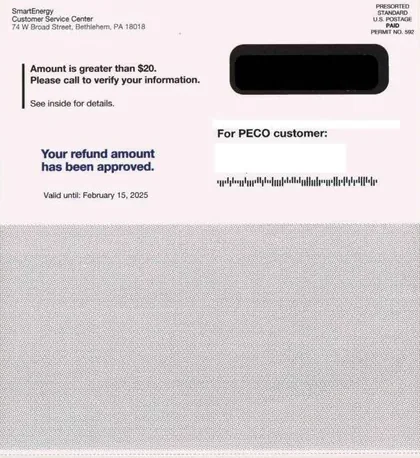 Electricity service direct mail example: Utility refund approval package. Two-page refund approval notice, account-specific amount, verification instructions, and phone response.