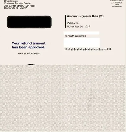 Electricity service direct mail example: Utility refund FAQ package. Multi-page refund notice, amount summary, frequently asked questions, and apply-or-enroll response.