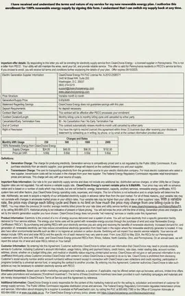 Electricity service direct mail example: Blue utility terms package. Blue-and-white utility letter, service terms, response instructions, and apply-or-enroll path.