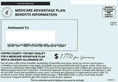 Medicare Advantage direct mail example: Grocery-allowance self-mailer. Blue folded self-mailer with a grocery allowance headline, benefit bullets, and a phone response path.