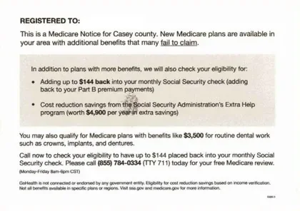 Medicare Advantage direct mail example: First-notice response package. Two-piece notice with a red attention bar, eligibility information, and a call-now response path.