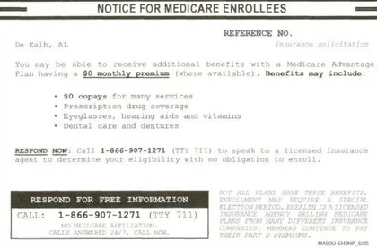 Medicare Advantage direct mail example: Medicare enrollee notice letter. Simple two-page notice with eligibility bullets, enrollment information, and a call-now response.