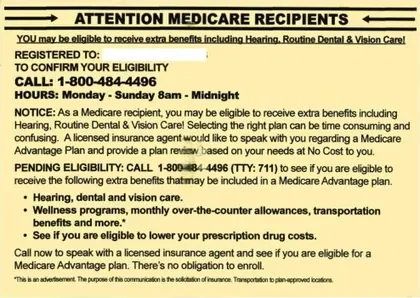 Medicare Advantage direct mail example: Color-block Medicare options self-mailer. Bright folded self-mailer with an important-notice headline, plan options, benefit bullets, and phone response.