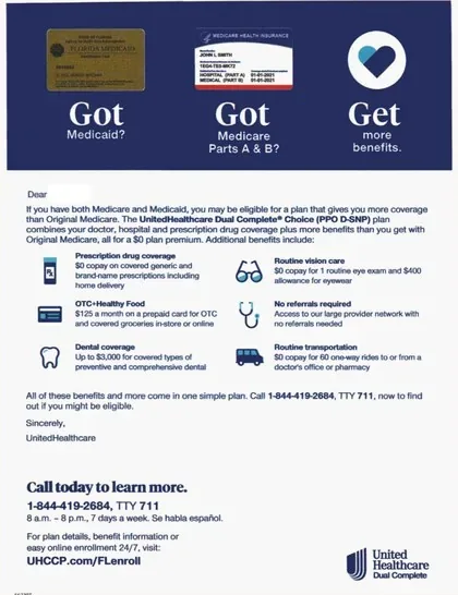 Medicare Advantage direct mail example: Benefit-checklist information package. Multi-page package with a benefits checklist, blue callout panel, plan information, and phone response.