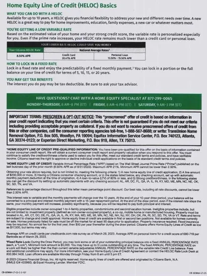 HELOC direct mail example: Green home-equity debt-consolidation package. Plain envelope, green home-equity offer panel, debt-consolidation message, benefit checklist, and apply response.