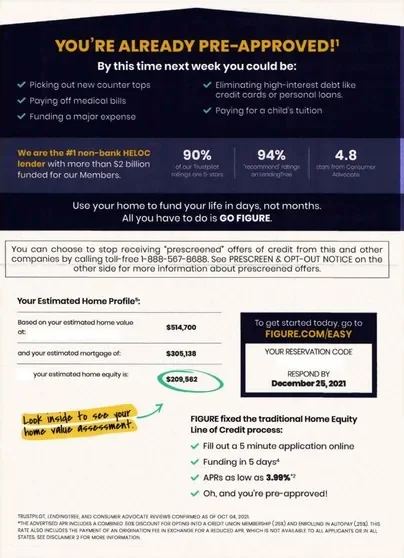 HELOC direct mail example: Figure pre-approved HELOC package. Plain envelope, pre-approved HELOC letter, dark rate panel, payment details, and QR response.