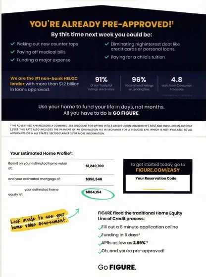 HELOC direct mail example: Figure pre-approved HELOC package with red notice. Pre-approved HELOC envelope, rate and payment panel, highlighted notice, terms page, and QR response.