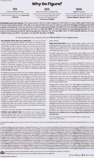 HELOC direct mail example: Figure rate-and-terms package. Plain envelope, rate comparison panel, fixed-rate details, blue benefit sections, and dense terms letter.