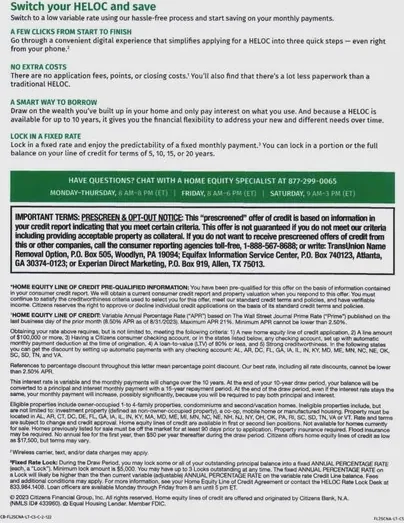 HELOC direct mail example: Green switch-your-home-equity package. Plain envelope, green switch message, home-equity offer panel, benefit checklist, and apply response.