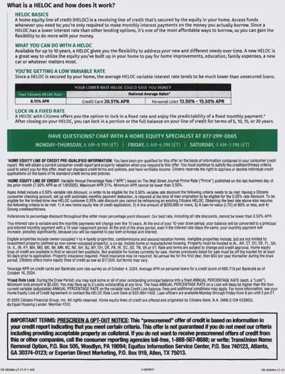 HELOC direct mail example: Green home-equity growth package. Plain envelope, green growth message, home-equity rate panel, benefit checklist, and QR response.