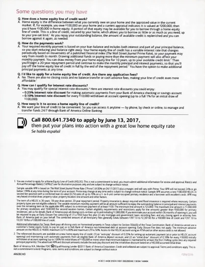 HELOC direct mail example: Bank of America home-equity package. Red-and-white envelope, home-equity letter, rate or payment details, application information, and terms page.