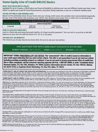 HELOC direct mail example: Green debt-consolidation package. Plain envelope, green debt-consolidation offer, rate callout, benefit checklist, and dense terms insert.