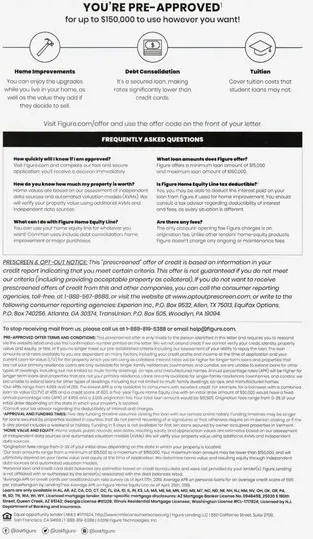 HELOC direct mail example: Figure pre-approved HELOC letter. Plain envelope, pre-approved offer letter, fixed-rate details, benefit checklist, and QR response.