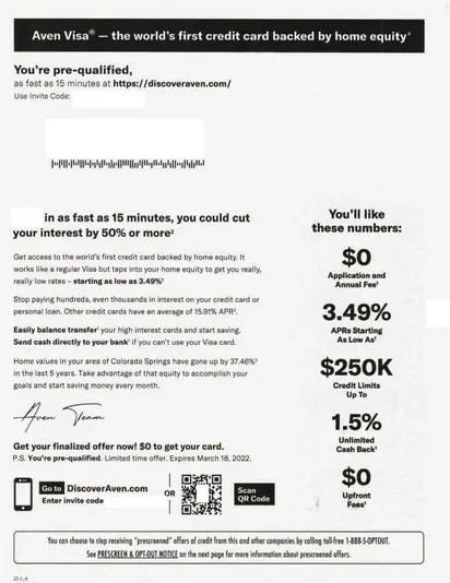 HELOC direct mail example: Aven home-equity card package. Plain envelope, home-equity card offer, rate and borrowing details, card panel, and web response.
