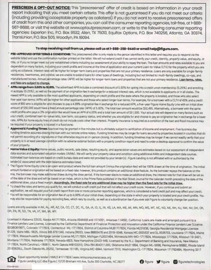 HELOC direct mail example: Figure fastest-HELOC terms package. Plain envelope, fastest-HELOC message, long-form offer letter, QR response, and detailed terms insert.