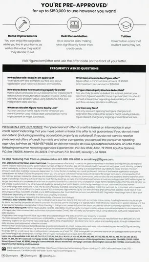 HELOC direct mail example: Figure pre-approved rate package. Plain envelope, pre-approved rate panel, payment details, benefit checklist, and terms letter.