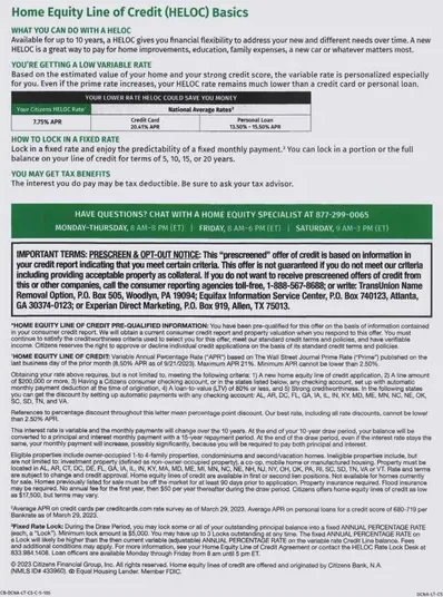 HELOC direct mail example: Green home-equity consolidation package. Plain envelope, green consolidation message, home-equity amount panel, benefit checklist, and apply response.