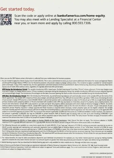 HELOC direct mail example: Red rate-and-terms home-equity package. Plain envelope, red rate banner, home-equity offer letter, payment table, QR response, and terms insert.