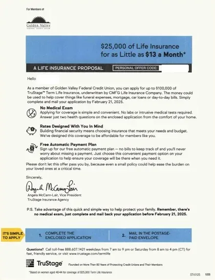 Life Insurance direct mail example: TruStage partner-branded life member-benefit system. Partner-branded envelope, member-benefit letter, blue or yellow benefit panel, and reply path.