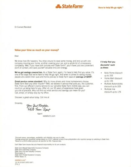 Auto Insurance direct mail example: State Farm local-agent quote letter. Plain outer envelope and a short local-agent letter with one quote or contact action.
