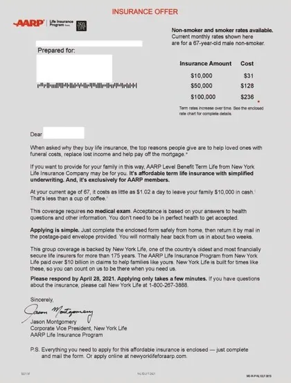 Life Insurance direct mail example: New York Life and AARP term-life package. AARP endorsement, term-life quote or eligibility detail, benefit table, and reply device.