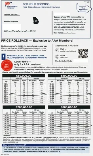 Life Insurance direct mail example: AAA life rate-chart package. AAA affinity envelope, prominent rate table, eligibility copy, and phone or reply response.