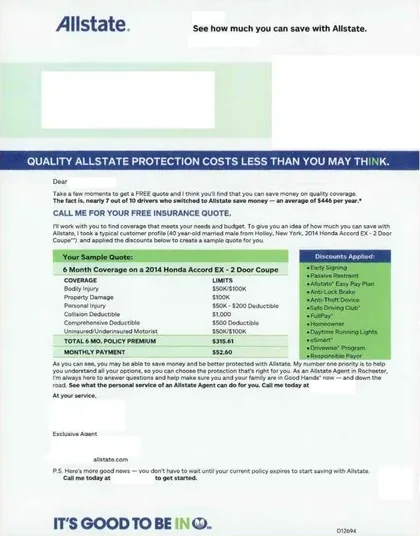 Auto Insurance direct mail example: Allstate auto quote comparison. Agent letter with a structured auto quote or coverage comparison table.