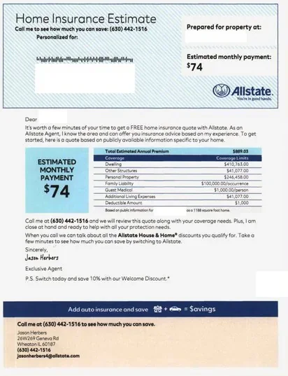Property Insurance direct mail example: Allstate home quote estimate. Home insurance estimate, premium table, agent letter, and coverage summary.