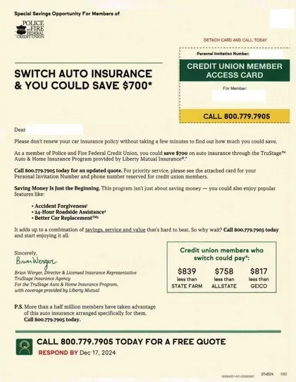 Auto Insurance direct mail example: Credit-union group-auto switch package. Credit-union endorsement, member benefit amount, quote form, and insurer fulfillment.
