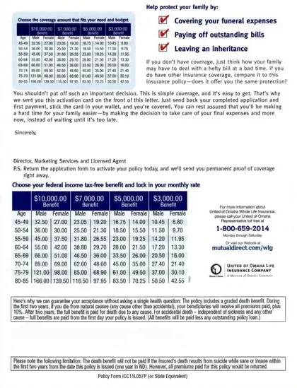 Life Insurance direct mail example: Mutual of Omaha final-expense calculator package. Dark activation envelope, benefit calculator, rate grid, and phone or reply action.