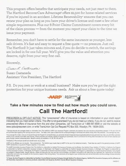 Auto Insurance direct mail example: Hartford and AARP experienced-driver offer. AARP endorsement, experienced-driver savings claim, quote code, and phone response.