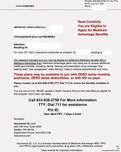 Health Insurance direct mail example: Assurance Medicare response letter. Plain envelope, urgent Medicare review copy, phone response, and separate disclosure page.