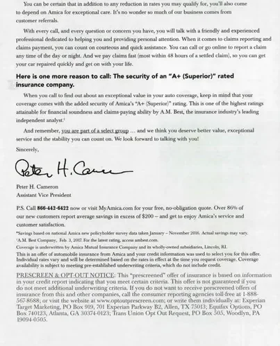 Auto Insurance direct mail example: Amica premium auto quote. Premium-account-card device, comparison copy, quote number, and phone response.