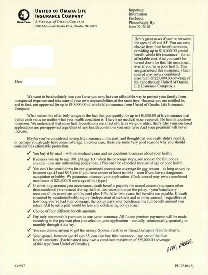 Life Insurance direct mail example: Mutual of Omaha whole-life new-policy offer. New-policy-offer envelope, simple eligibility framing, and short application path.
