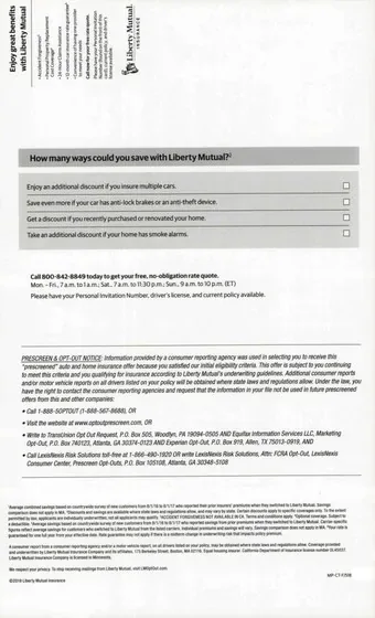 Auto Insurance direct mail example: Liberty Mutual group-auto benefit proposal. Member benefit framing, premium proposal, short application form, and reply path.