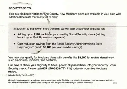 Health Insurance direct mail example: GoHealth Medicare notice. Official-notice visual language, local benefit amount, registration code, and phone response.