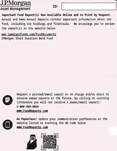 Investments direct mail example: Shareholder-report notice package with sponsor letter. Plain envelope, internet-availability notice, sponsor or fund letter, QR response, and report instructions.