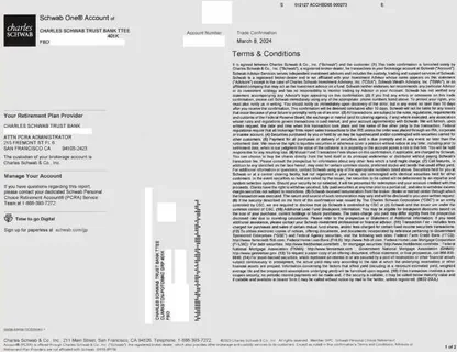 Investments direct mail example: Investment statement and report package. Plain envelope, account summary, investment statement, report pages, and web access instructions.