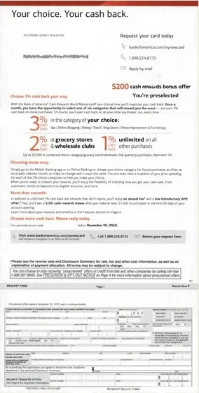 529 College Savings direct mail example: Bank of America college-savings rewards package. Red-and-white college-savings package, cash-back or rewards headline, card or school panel, application form, and terms pages.