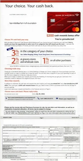 529 College Savings direct mail example: Bank of America college-savings cash-back package. Red-and-white college-savings offer, cash-back panel, rewards comparison, application form, and long-form terms.